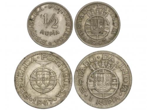 INDIA PORTUGUESA. Lote 2 monedas 1/2 y 1 Rupia. 1947. CuNi. 