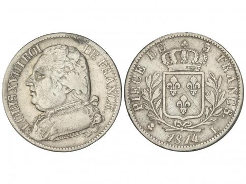 FRANCIA. 5 Francs. 1814-L. LOUIS XVIII. BAYONNE. 24,37 grs. 