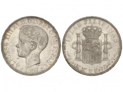 ALFONSO XIII. 1 Peso. 1897. MANILA. S.G.-V. (Pequeños golpec