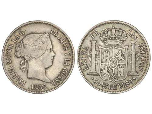 ISABEL II. 50 Centavos de Peso. 1868. MANILA. 12,8 grs. AR. 