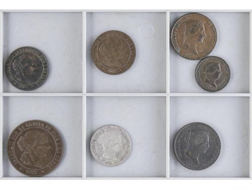 ISABEL II. Lote 7 monedas 10 Céntimos de Real, 25 Céntimos d