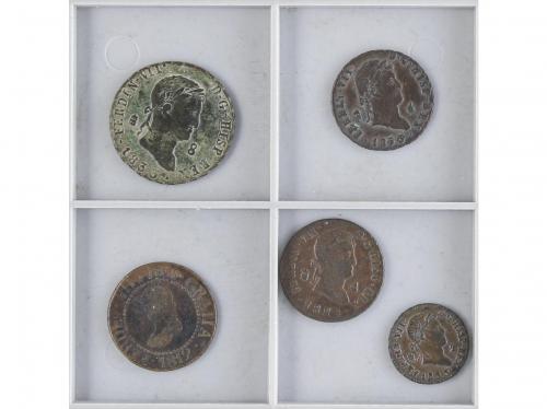 FERNANDO VII. Lote 5 monedas 2, 4 (2), 8 Maravedís y 12 Dine