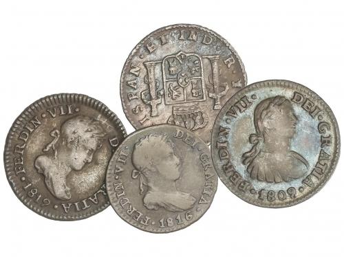 FERNANDO VII. Lote 4 monedas 1/ Real. 1809, 16, 19, 21. LIMA