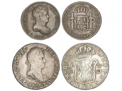 FERNANDO VII. Lote 2 monedas 1 y 2 Reales. 1818, 1820. LIMA,