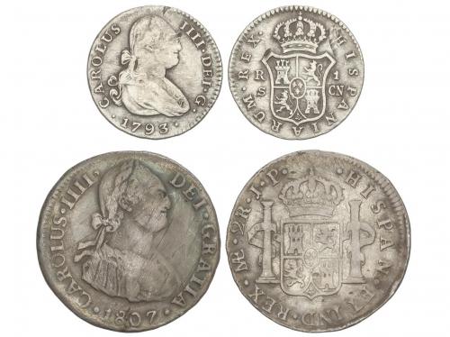 CARLOS IV. Lote 2 monedas 1 y 2 Reales. 1793, 1807. LIMA-J.P