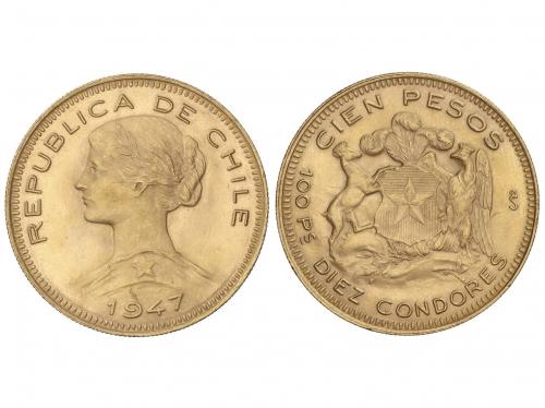 CHILE. 100 Pesos. 1947. SANTIAGO. 20,32 grs. AU (900). (Ínfi