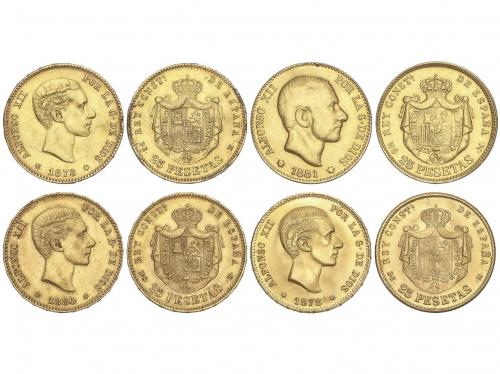 ALFONSO XII. Lote 4 monedas 25 Pesetas. 1878 a 1881. Contien