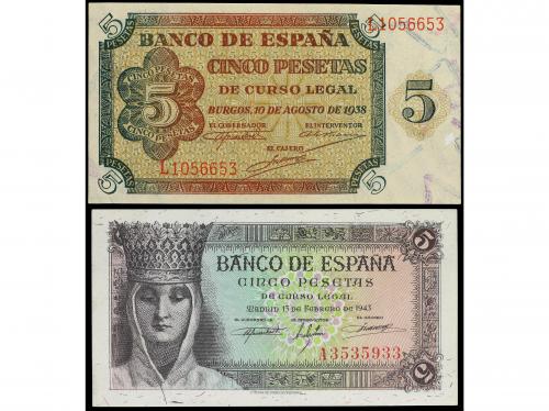 ESTADO ESPAÑOL. Lote 2 billetes 5 Pesetas. 1938 y 1943. Seri