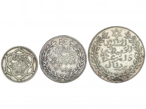MARRUECOS. Lote 3 monedas 1/4, 1/2 y 1 Rial. 1329 d.H. (1911