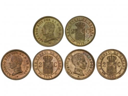 ALFONSO XIII. Lote 3 monedas 2 Céntimos. 1904, 1911, 1912. 1