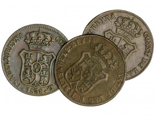 ISABEL II. Lote 3 monedas 3 Cuartos. 1837, 38, 41. BARCELONA