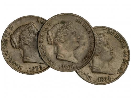 ISABEL II. Lote 3 monedas 25 Céntimos de Real. 1857, 60, 64.