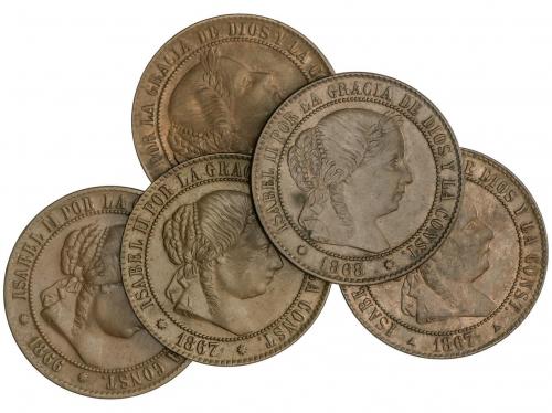 ISABEL II. Lote 5 monedas 2-1/2 Céntimos de Escudo. 1866, 67