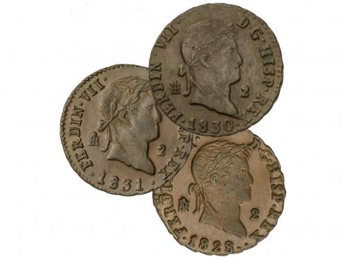 FERNANDO VII. Lote 3 monedas 2 Maravedís. 1828, 30, 31. SEGO