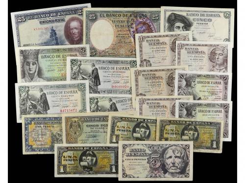 Lote 19 billetes 1 a 25 Pesetas. 1928 a 1948. Destacan 1 Pta