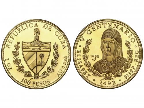 CUBA. 100 Pesos. 1990. 31,20 grs. AU. V Centenario. Reina Is