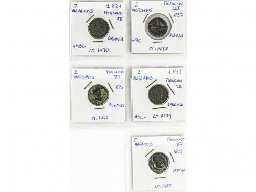 FERNANDO VII. Lote 5 monedas 2 Maravedís. 1824 a 1833. SEGOV
