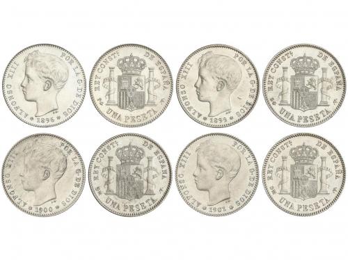 ALFONSO XIII. Lote 4 monedas 1 Peseta. 1896 a 1901. 1896 P.G
