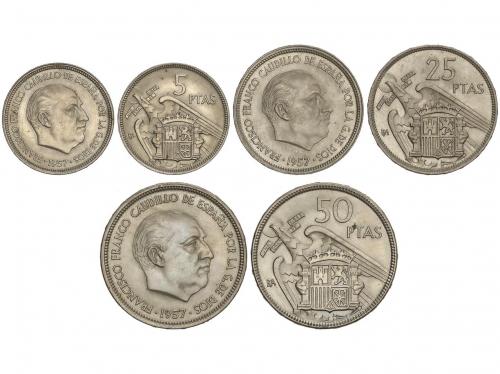 ESTADO ESPAÑOL. Serie 3 monedas 5, 25 y 50 Pesetas. 1957. (*