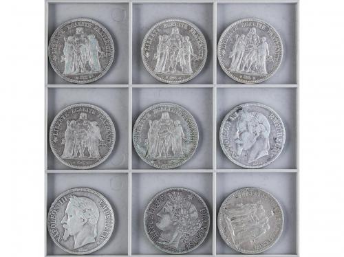 FRANCIA. Lote 9 monedas 5 Francs. 1848 a 1877. AR. Diversas 