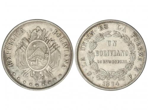 BOLIVIA. 1 Boliviano. 1874. POTOSÍ. F.E. 25,05 grs. AR. KM-1