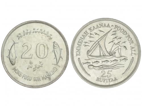 ISLAS MALDIVAS. Lote 2 monedas 20 y 25 Rufiyaa. 1977 y 1978.
