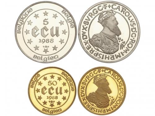 BÉLGICA. Serie 2 monedas 5 y 50 Ecu. 1988. AU: 17,27 grs. AR