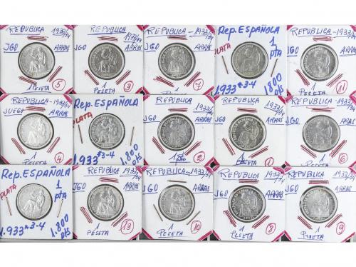 II REPÚBLICA. Lote 15 monedas 1 Peseta. 1933 (*3-4). A EXAMI