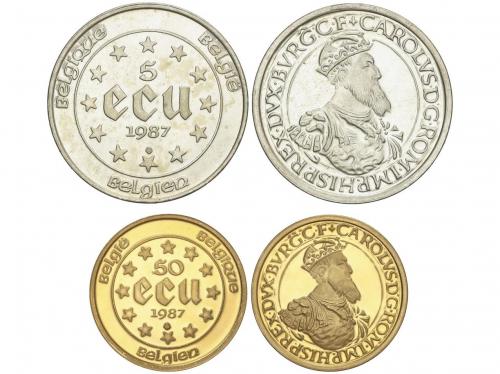 BÉLGICA. Serie 2 monedas 5 y 50 Ecu. 1987. AU:17,23 grs. AR,
