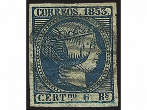 ° ESPAÑA. Ed. 21. 6 r. azul. Precioso sello por sus grandes