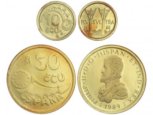 EMISIONES EN ECU. Lote 2 monedas 10 y 50 Ecu. 1989. AU. Plus