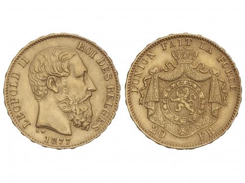 BÉLGICA. 20 Francs. 1877. LEOPOLD II. 6,44 grs. AU. Fr-412; 